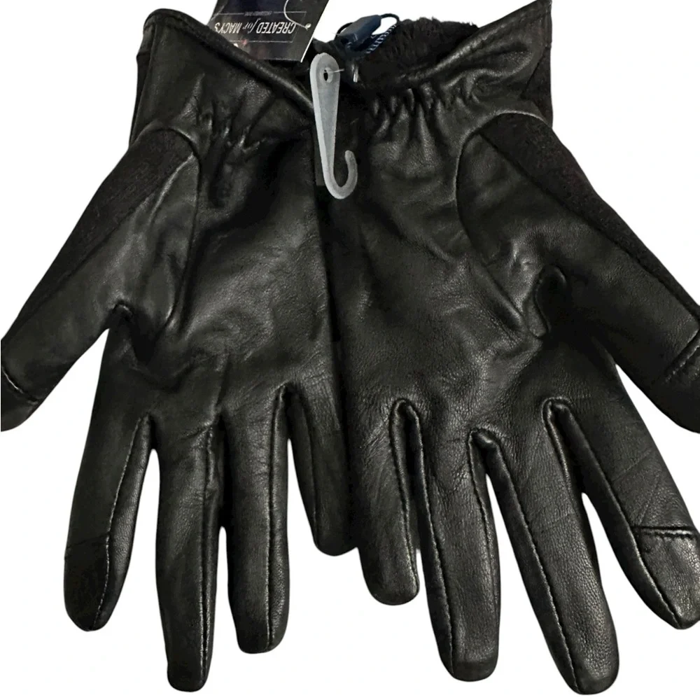 Cole Haan Woven Backed Gloves TOUCHSCREEN Leather Glove in Black MEDIUM NWT
